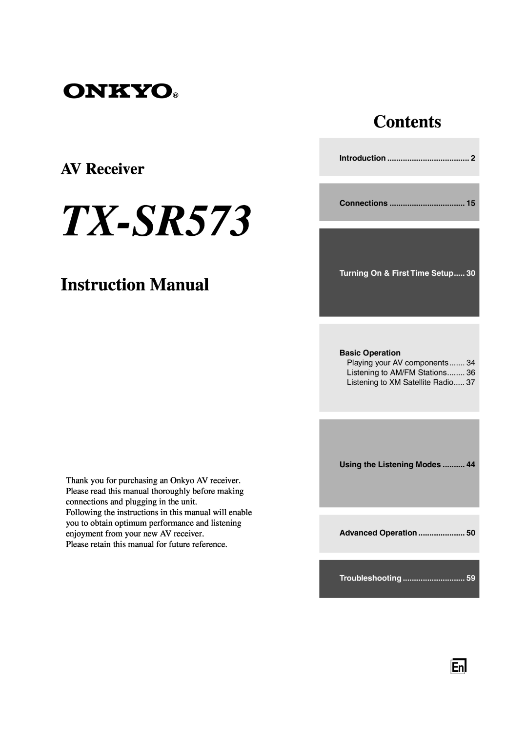 Onkyo TX-SR573 instruction manual Instruction Manual, Contents, AV Receiver 