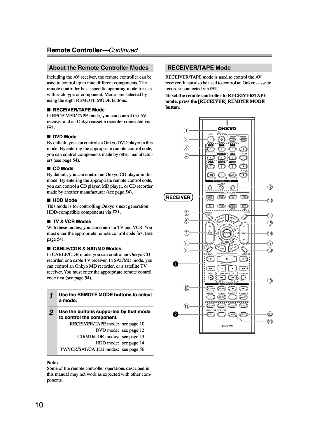 Onkyo TX-SR573 instruction manual Remote Controller—Continued, About the Remote Controller Modes, RECEIVER/TAPE Mode 