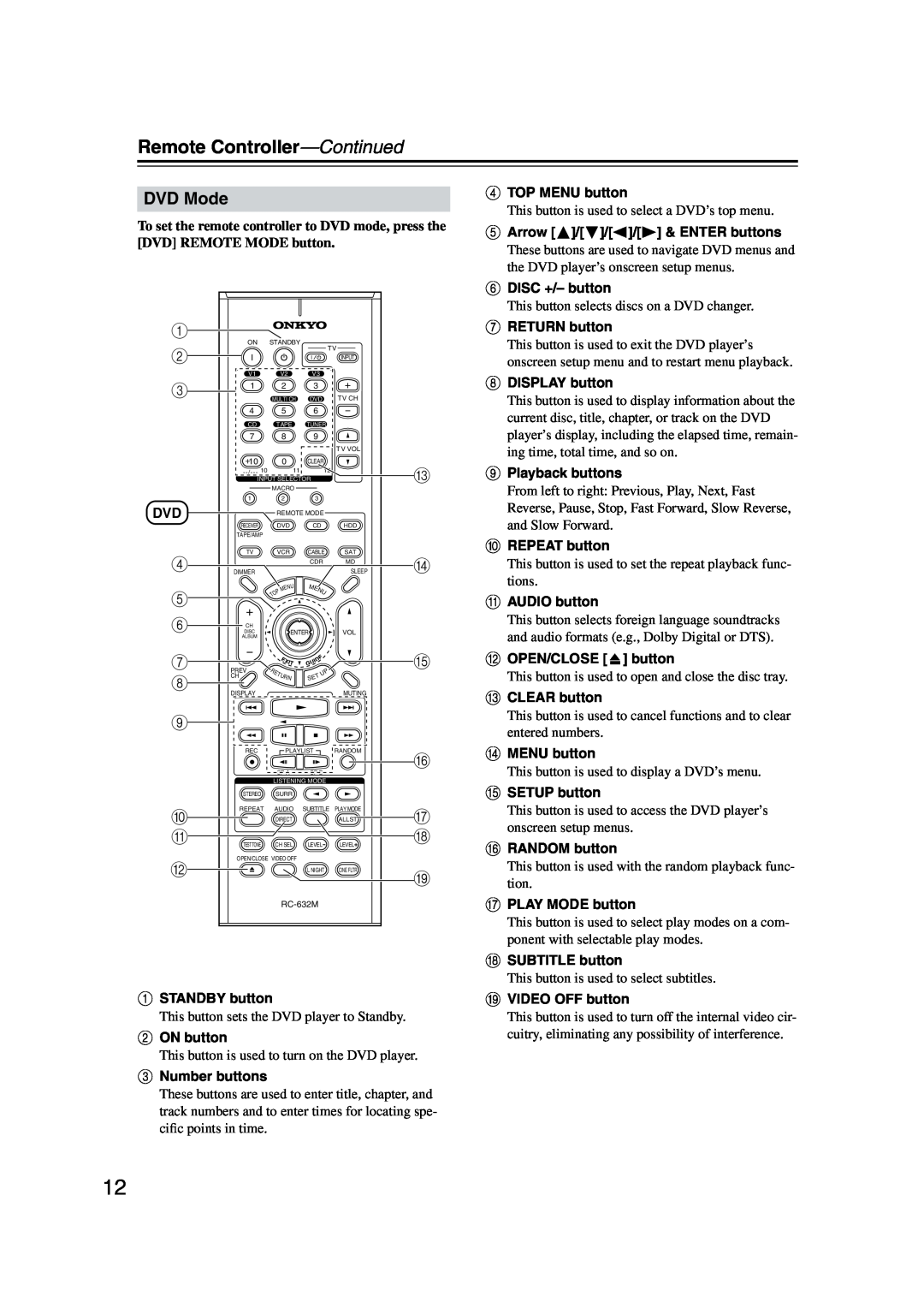 Onkyo TX-SR573 instruction manual DVD Mode, Remote Controller-Continued 