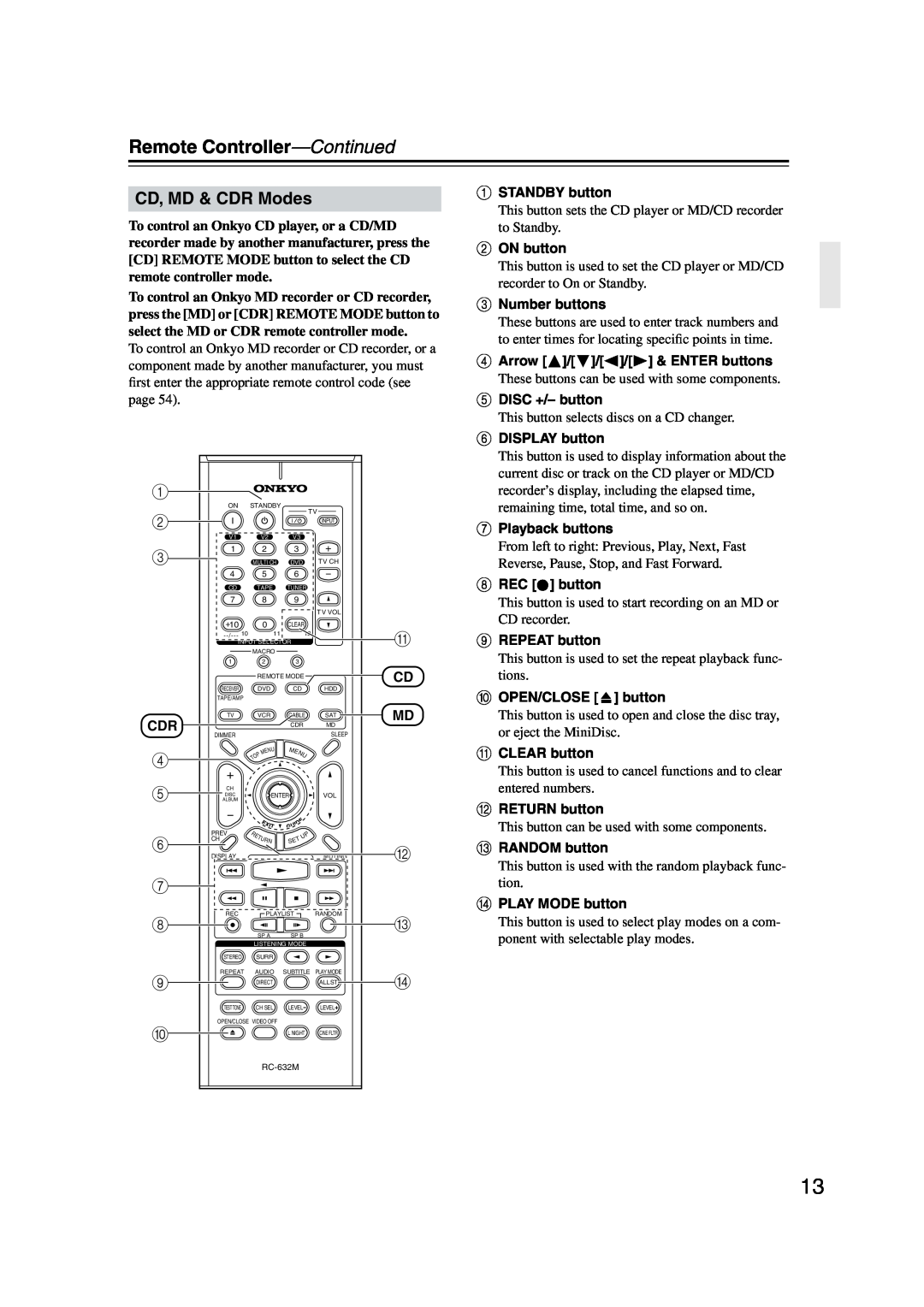 Onkyo TX-SR573 instruction manual CD, MD & CDR Modes, Remote Controller—Continued 