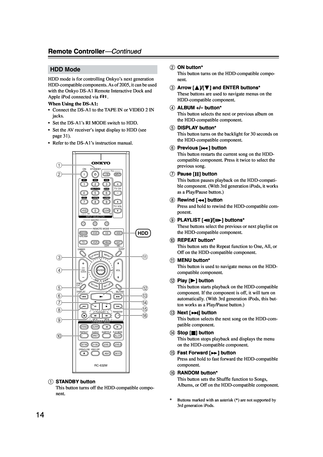 Onkyo TX-SR573 instruction manual HDD Mode, Remote Controller—Continued 