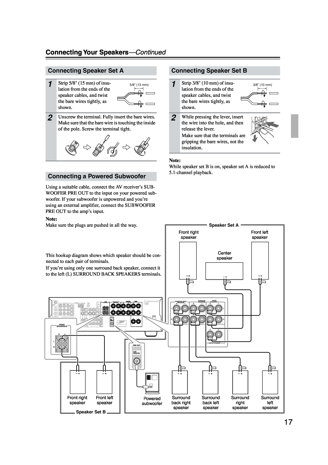 Onkyo TX-SR573 instruction manual Connecting Speaker Set A, Connecting a Powered Subwoofer, Connecting Speaker Set B 