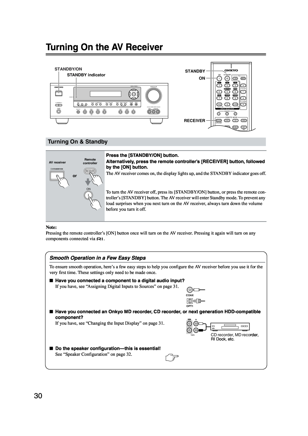 Onkyo TX-SR573 instruction manual Turning On & Standby, Smooth Operation in a Few Easy Steps, Turning On the AV Receiver 