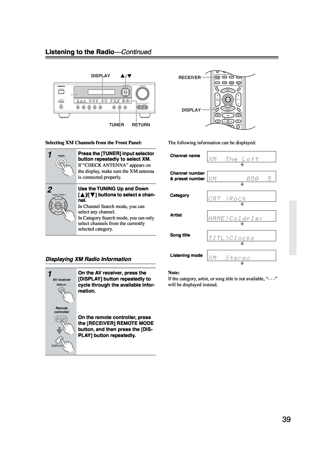 Onkyo TX-SR573 instruction manual Displaying XM Radio Information, Listening to the Radio—Continued 