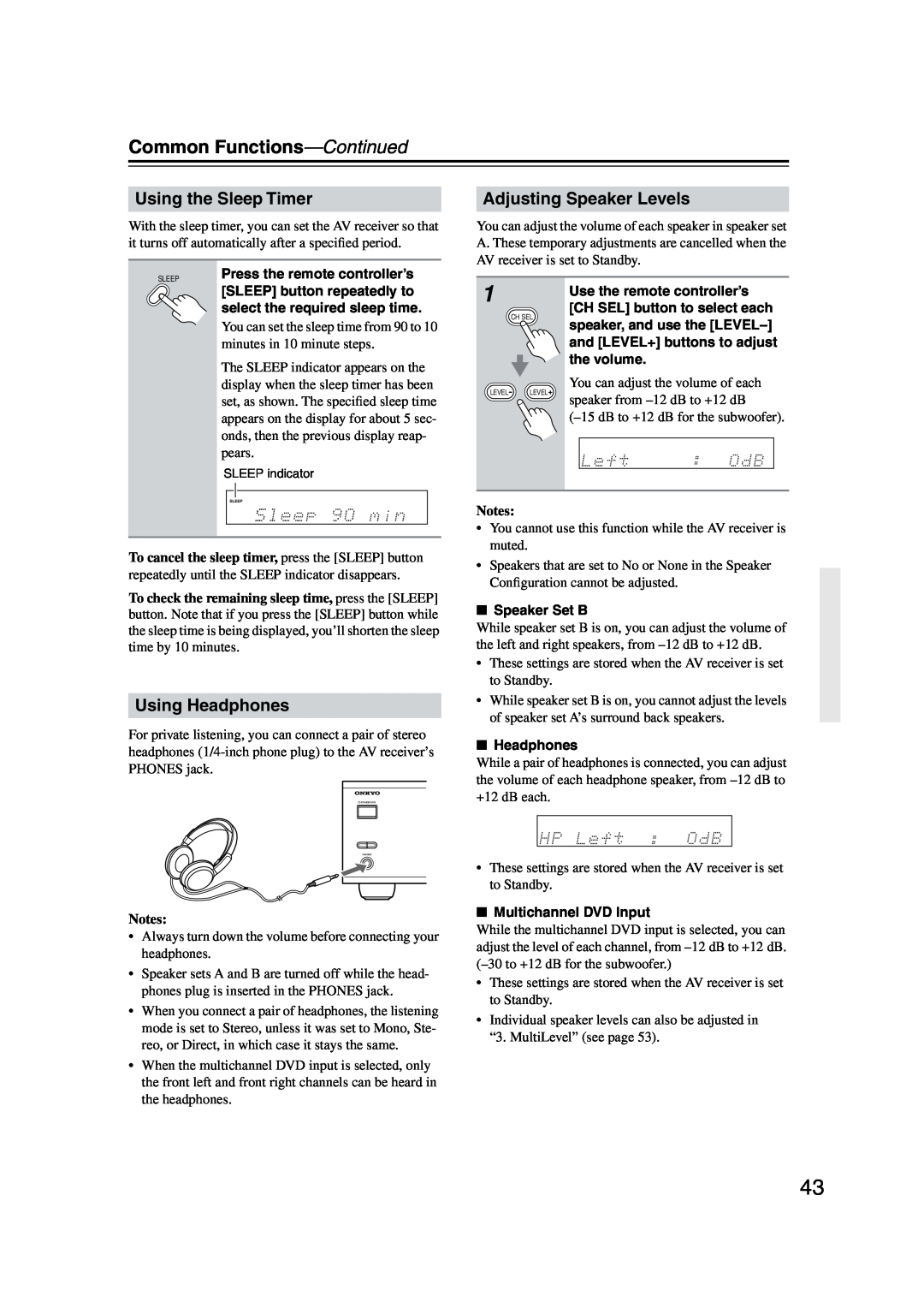 Onkyo TX-SR573 Common Functions—Continued, Using the Sleep Timer, Adjusting Speaker Levels, Using Headphones, Notes 