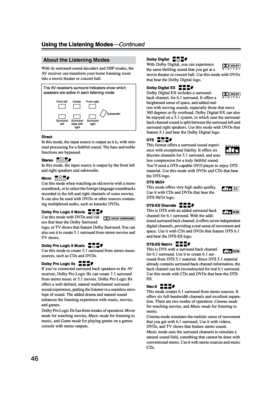 Onkyo TX-SR573 instruction manual About the Listening Modes, Using the Listening Modes—Continued 