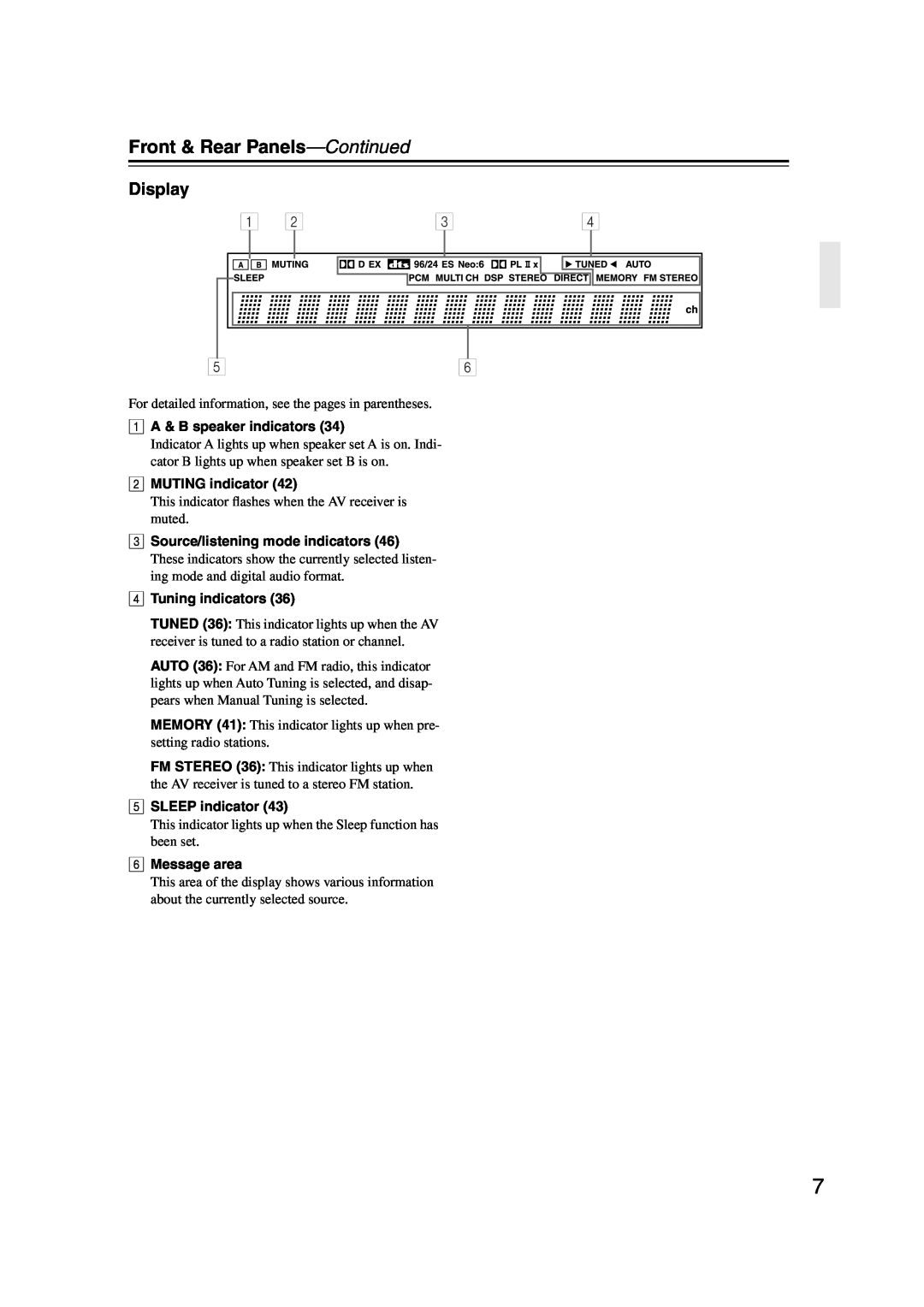 Onkyo TX-SR573 instruction manual Front & Rear Panels—Continued, Display 