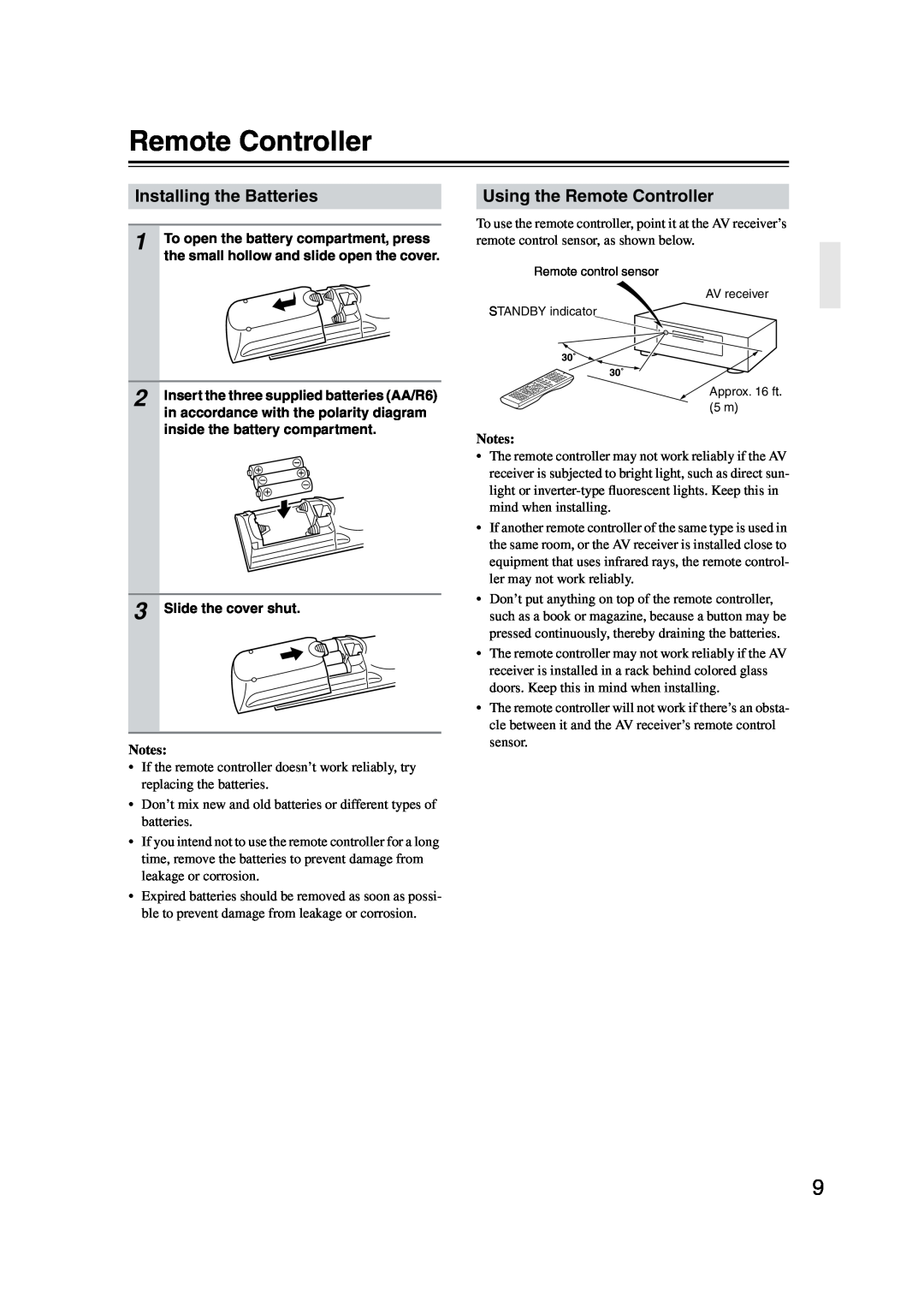 Onkyo TX-SR573 instruction manual Installing the Batteries, Using the Remote Controller, Notes 