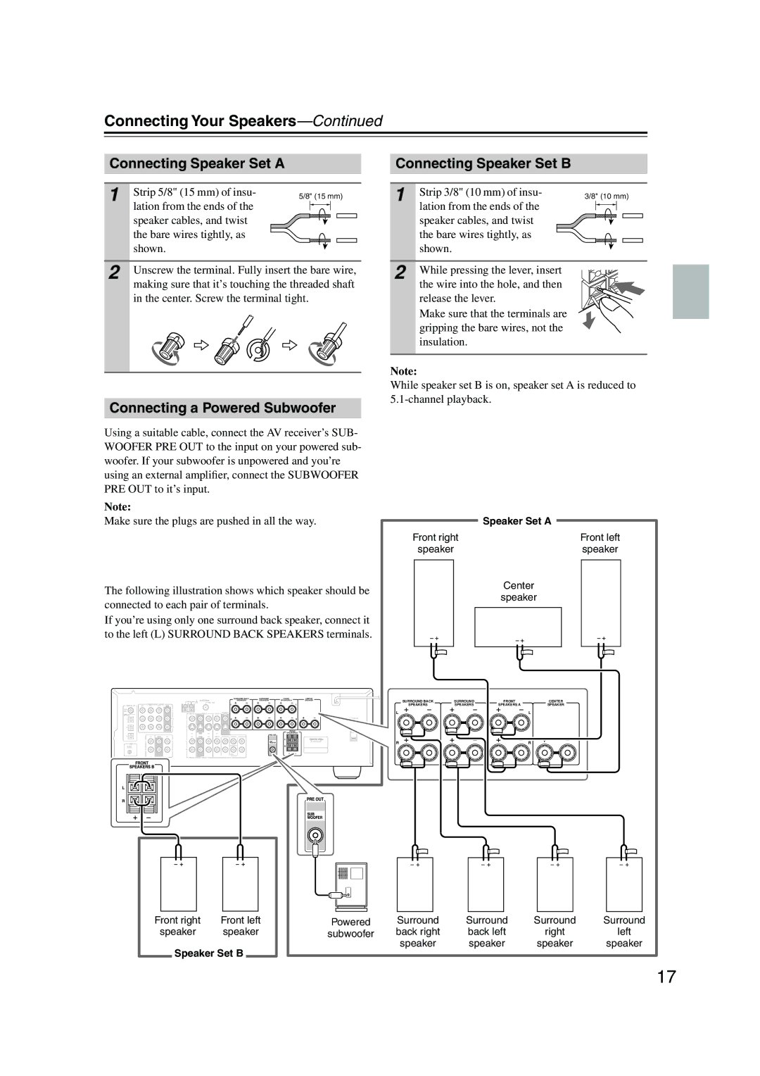 Onkyo TX-SR574 Connecting Your Speakers, Connecting Speaker Set a Connecting Speaker Set B, Connecting a Powered Subwoofer 