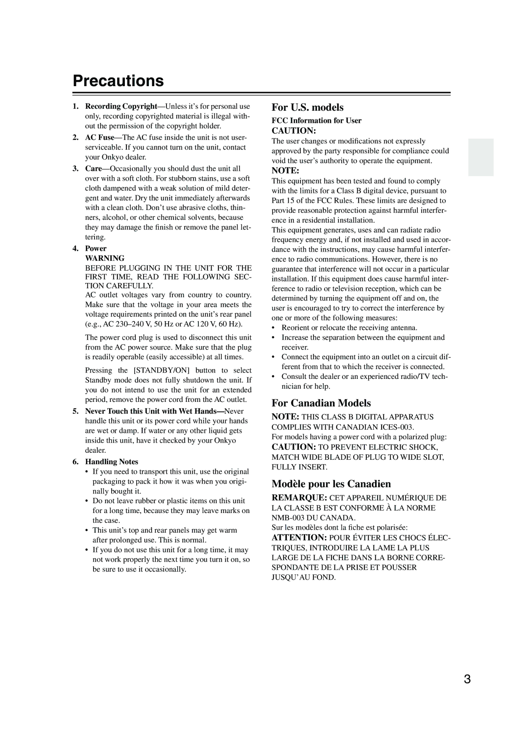 Onkyo TX-SR574 Precautions, Power, FCC Information for User, For models having a power cord with a polarized plug 