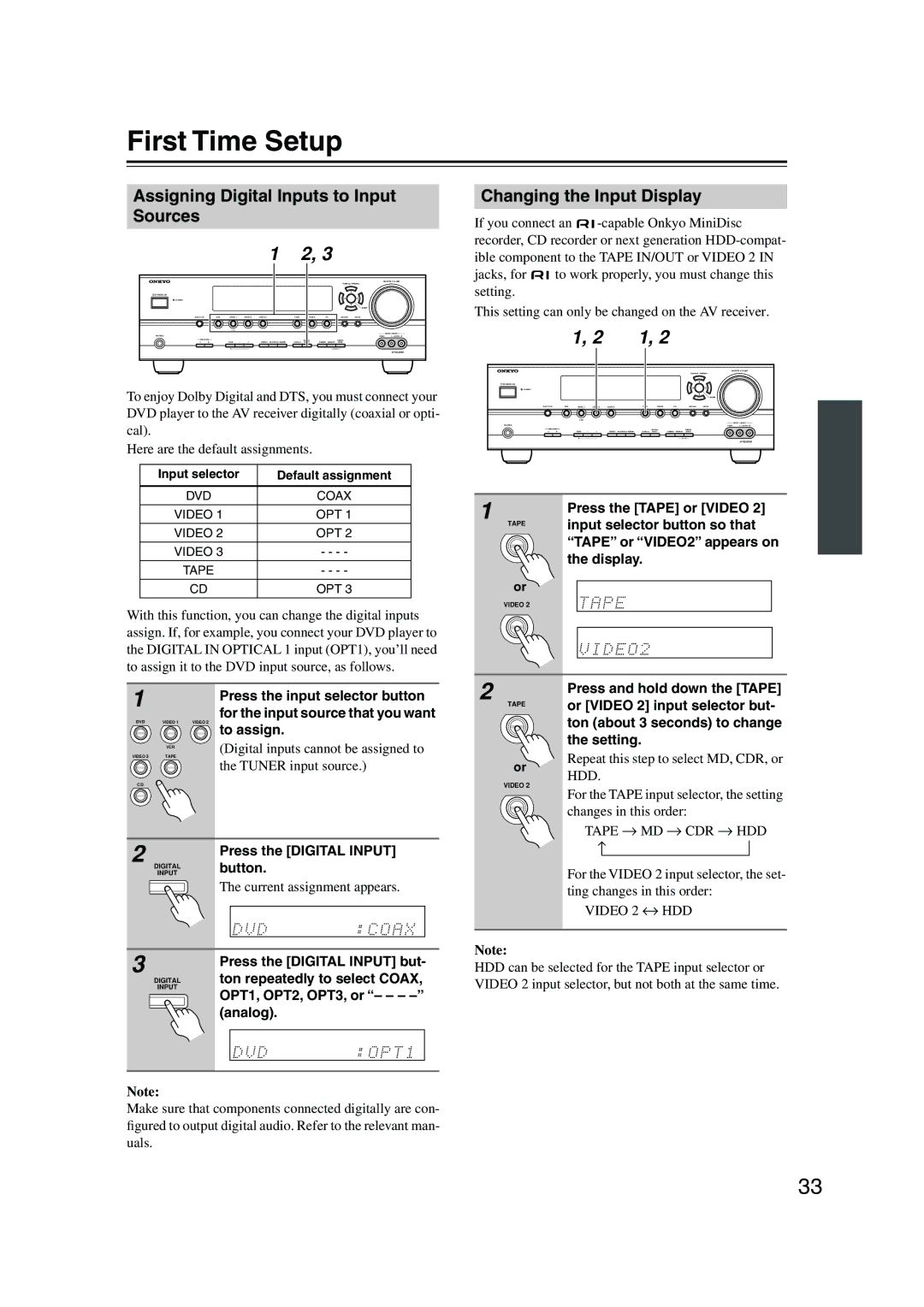 Onkyo TX-SR574 instruction manual First Time Setup, Assigning Digital Inputs to Input Sources, Changing the Input Display 