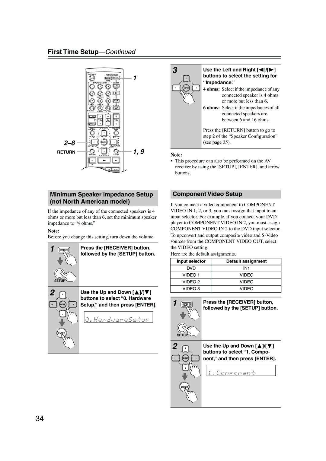 Onkyo TX-SR574 First Time Setup, Minimum Speaker Impedance Setup not North American model, Component Video Setup 