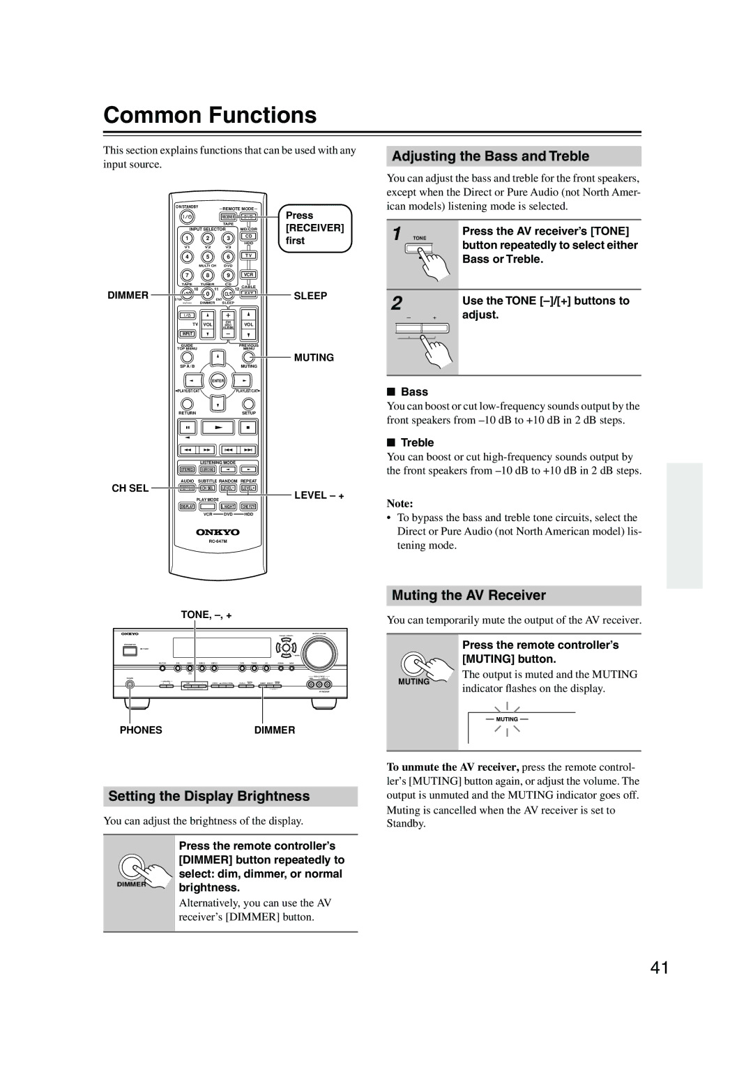 Onkyo TX-SR574 Common Functions, Adjusting the Bass and Treble, Muting the AV Receiver, Setting the Display Brightness 