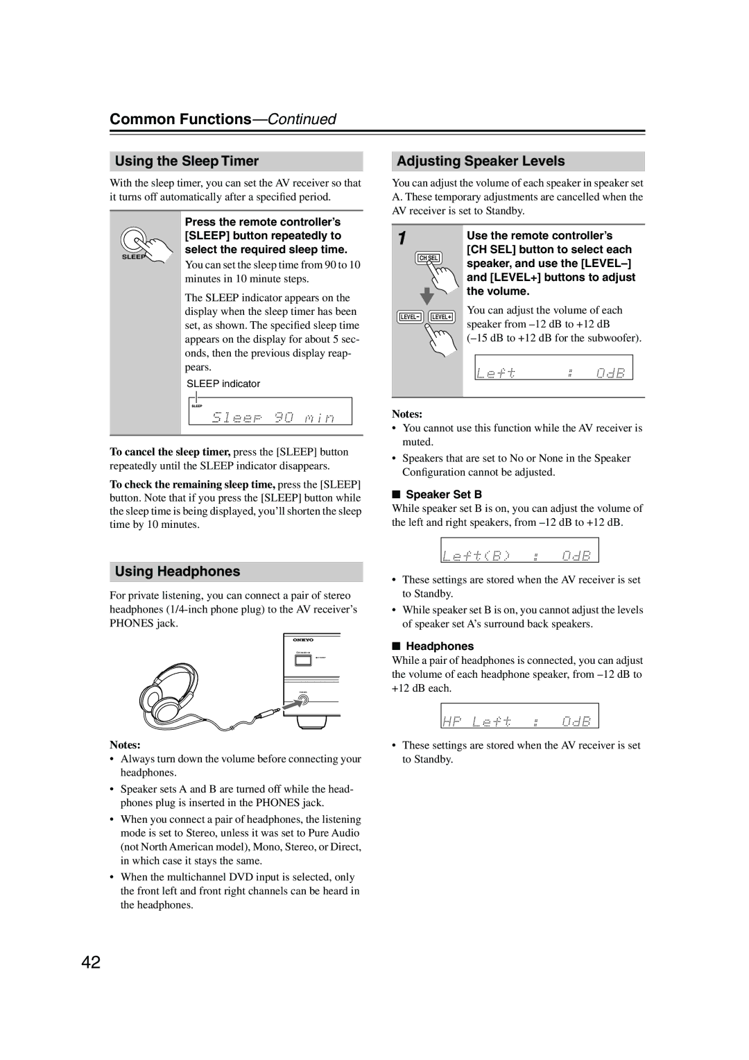 Onkyo TX-SR574 instruction manual Common Functions, Using the Sleep Timer, Adjusting Speaker Levels, Using Headphones 