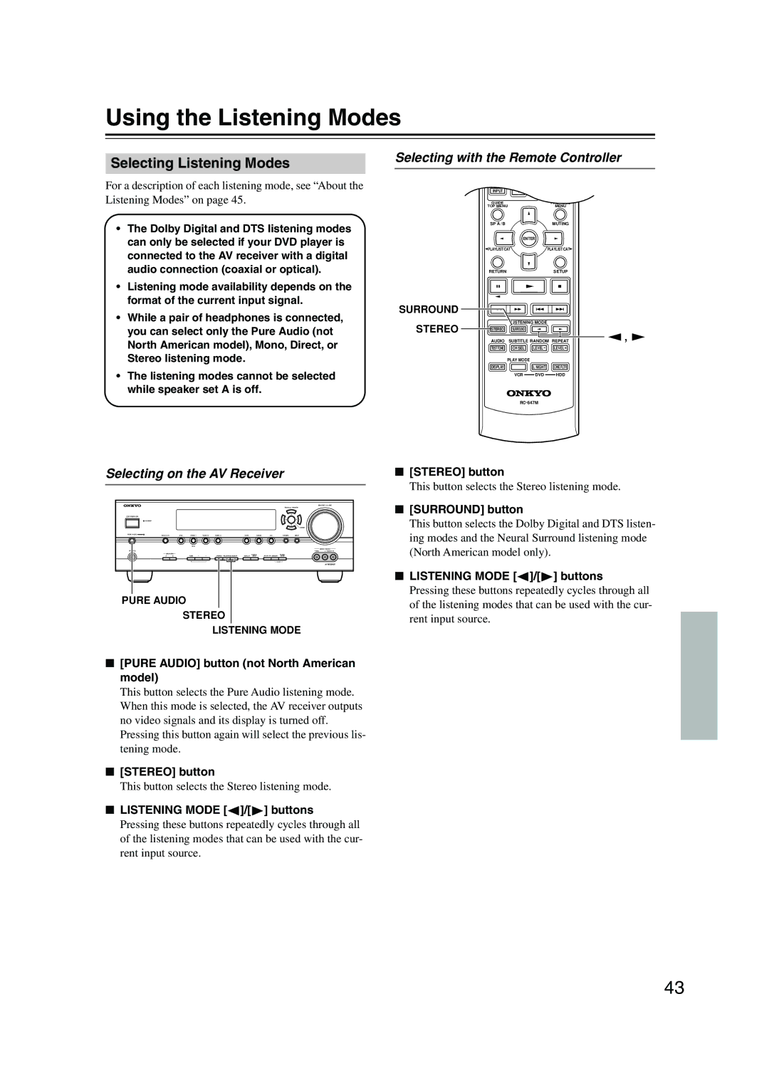 Onkyo TX-SR574 Using the Listening Modes, Selecting Listening Modes, Selecting with the Remote Controller 