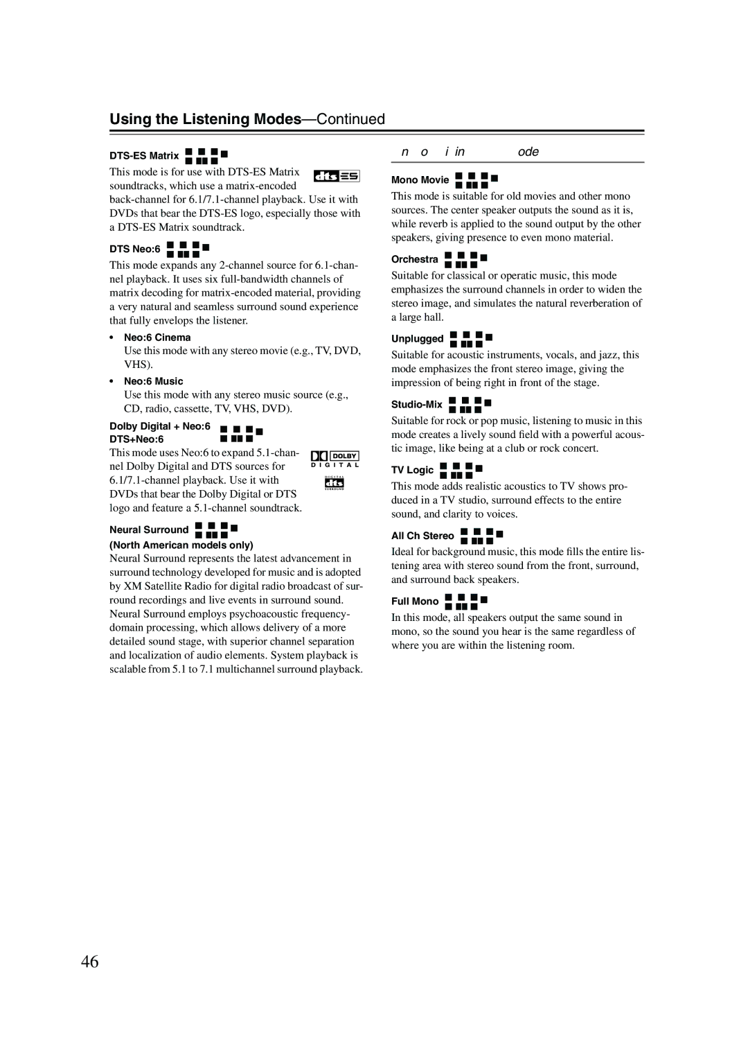 Onkyo TX-SR574 instruction manual Onkyo Original DSP Modes, Use this mode with any stereo movie e.g., TV, DVD, VHS 