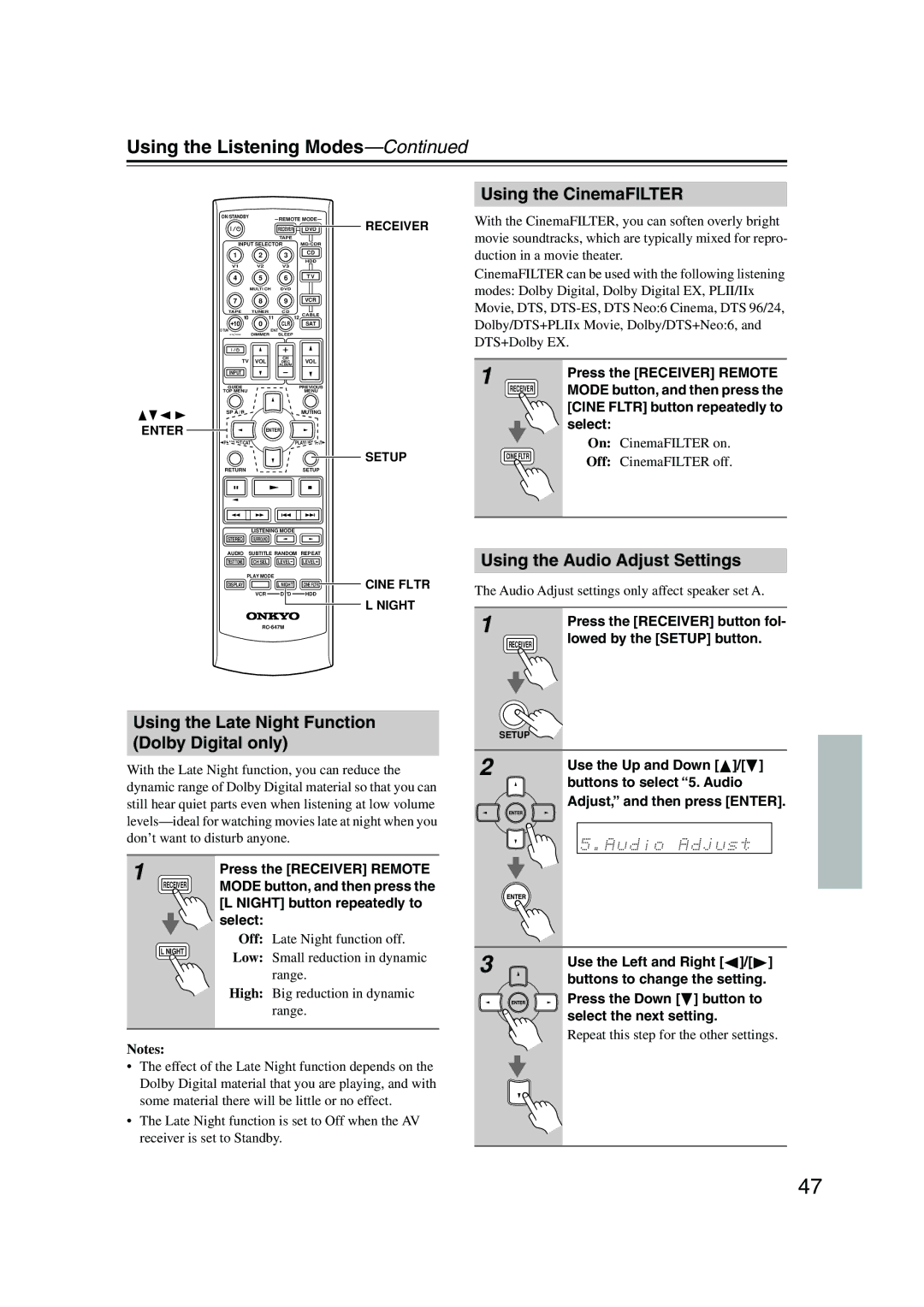 Onkyo TX-SR574 Using the Late Night Function Dolby Digital only, Using the CinemaFILTER, Using the Audio Adjust Settings 