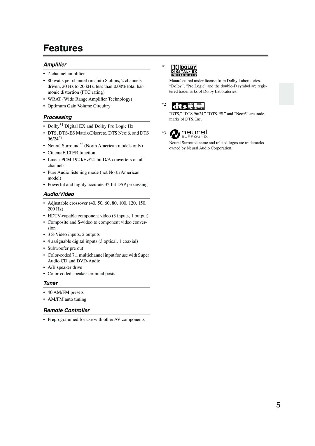 Onkyo TX-SR574 instruction manual Features 