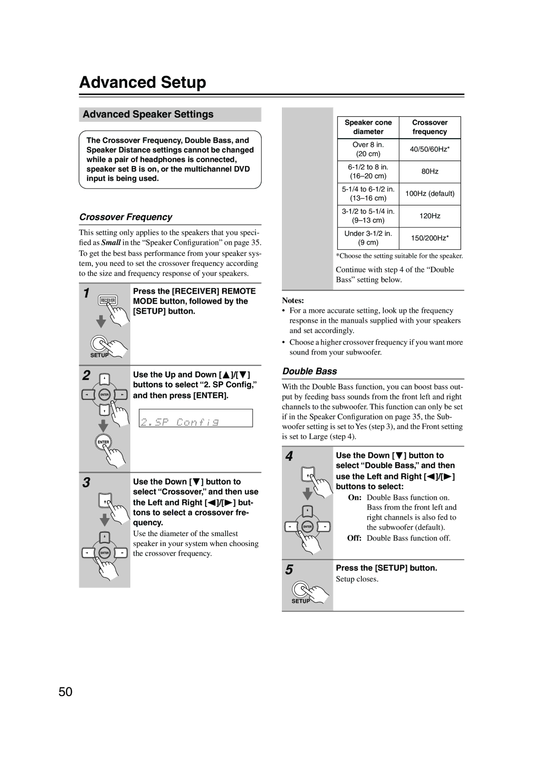 Onkyo TX-SR574 instruction manual Advanced Setup, Advanced Speaker Settings, Crossover Frequency, Double Bass 