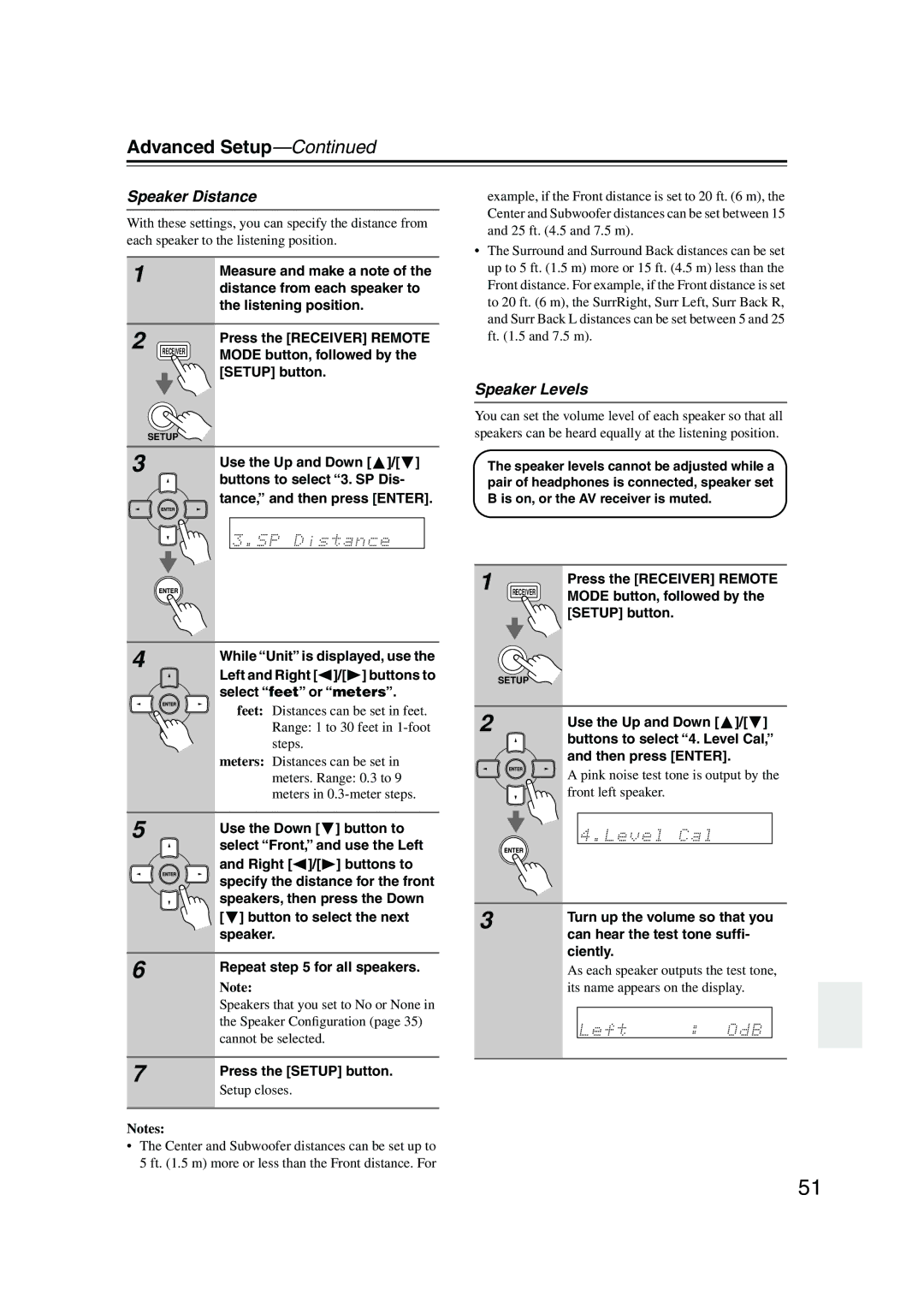 Onkyo TX-SR574 instruction manual Advanced Setup, Speaker Distance, Speaker Levels 
