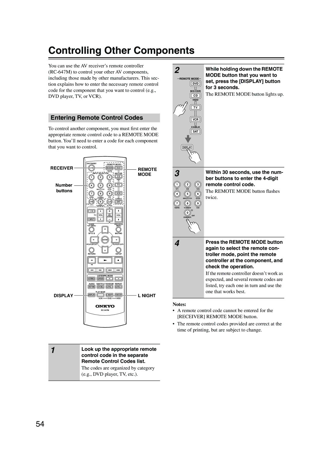 Onkyo TX-SR574 instruction manual Controlling Other Components, Entering Remote Control Codes 