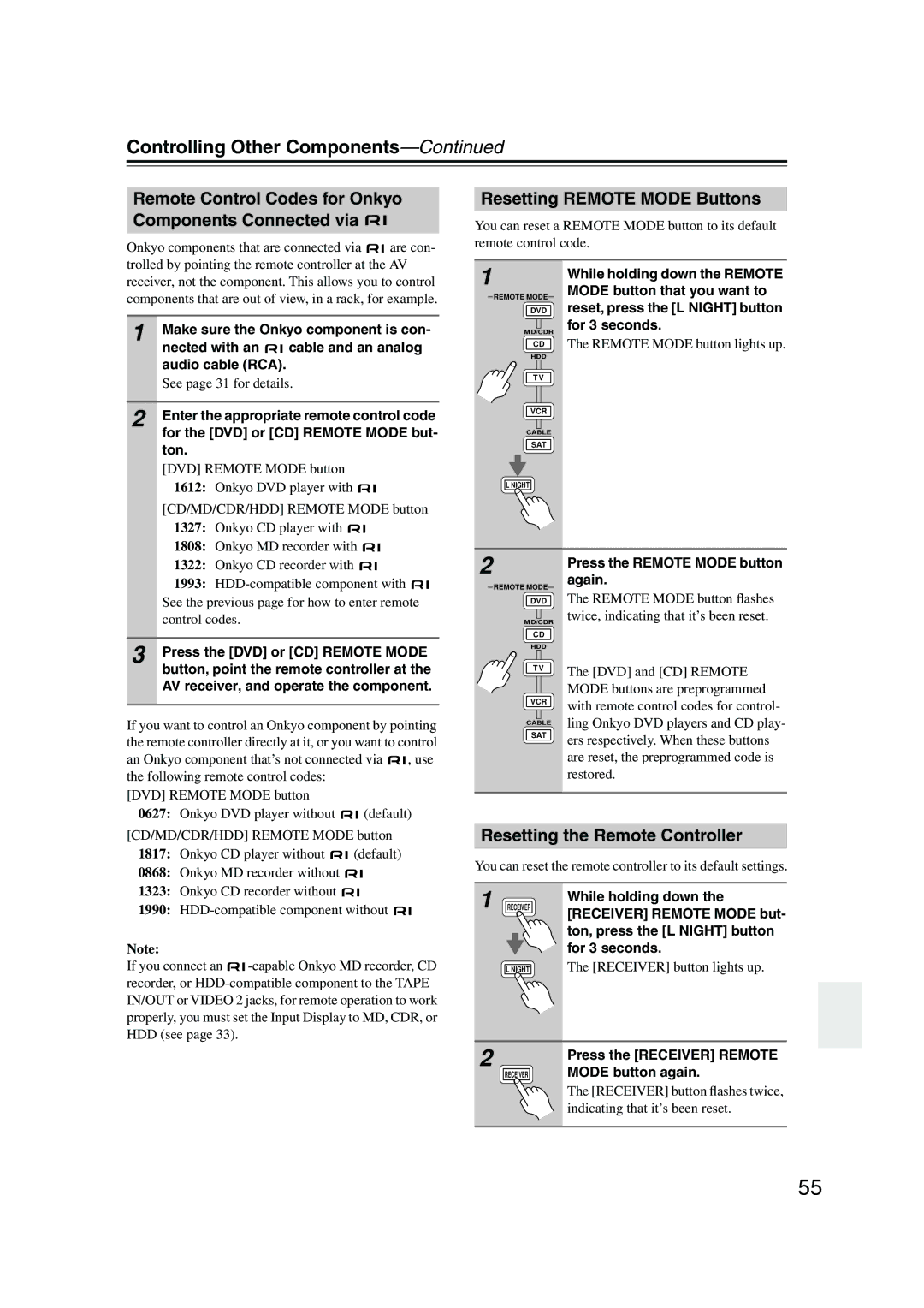 Onkyo TX-SR574 instruction manual Controlling Other Components, Remote Control Codes for Onkyo Components Connected via 