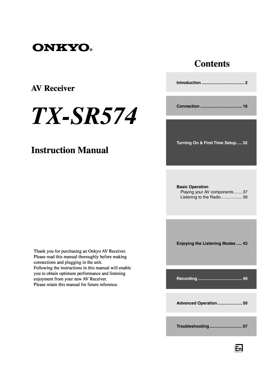 Onkyo TX-SR574 instruction manual Contents, AV Receiver 