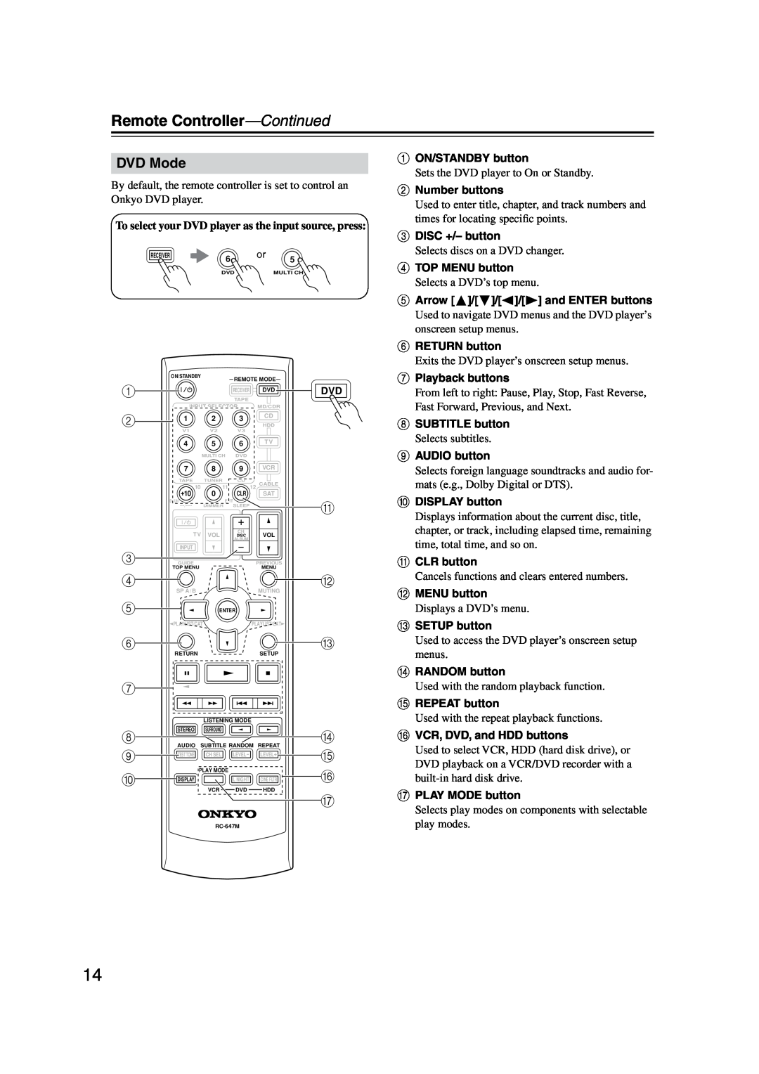 Onkyo TX-SR574 instruction manual DVD Mode, 1 2 3 4 5 6 7 8 9 J, Remote Controller-Continued 
