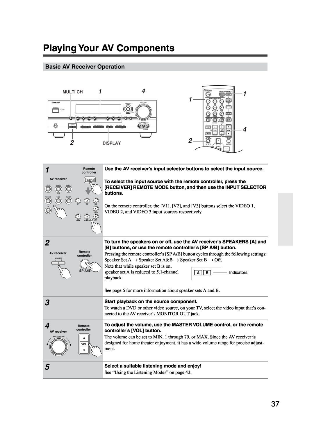 Onkyo TX-SR574 instruction manual Playing Your AV Components, Basic AV Receiver Operation 