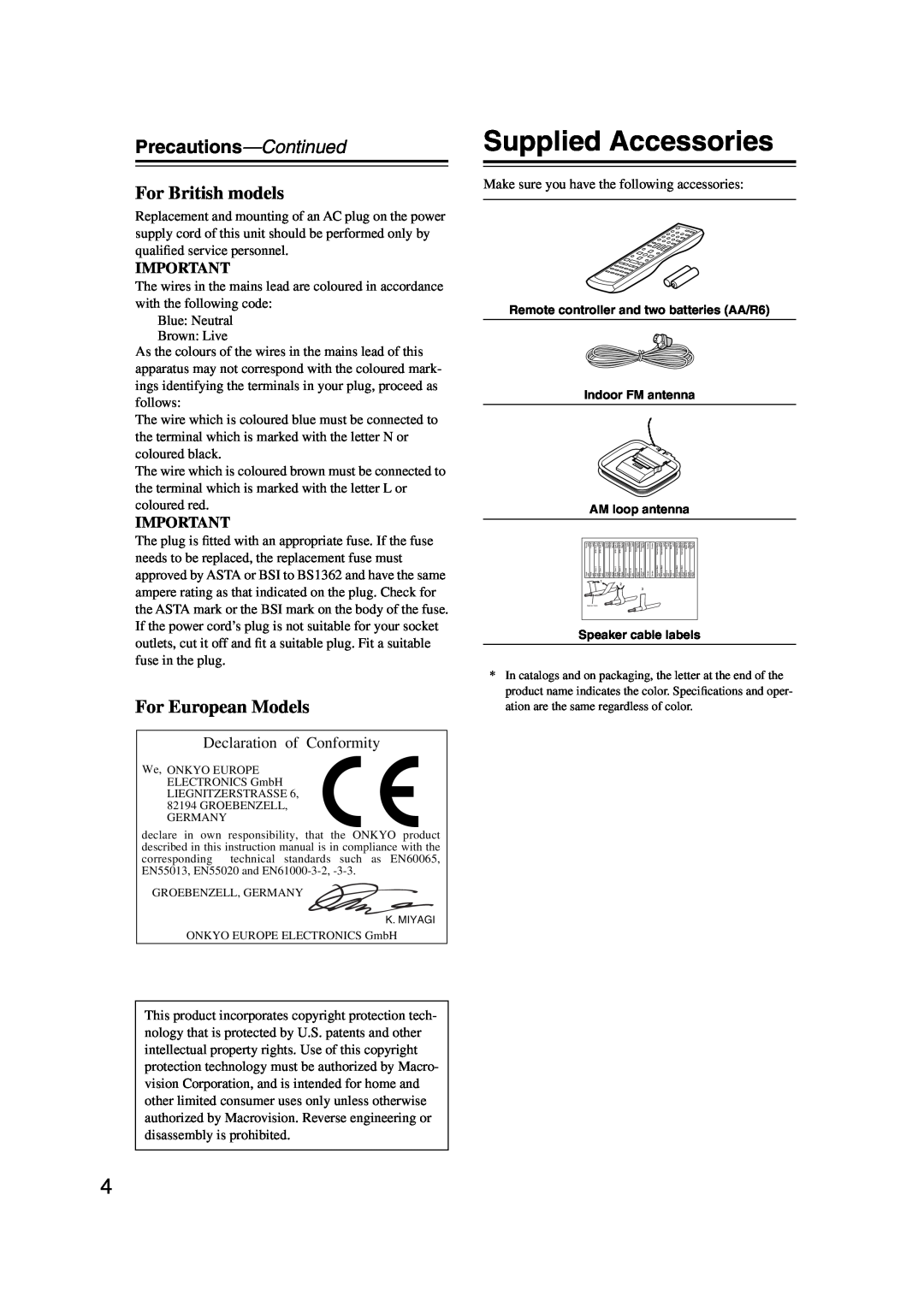 Onkyo TX-SR574 instruction manual Supplied Accessories, Precautions-Continued, For British models, For European Models 