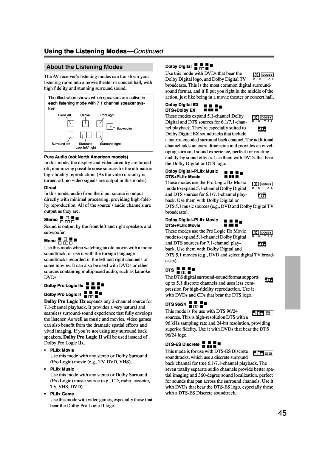 Onkyo TX-SR574 instruction manual About the Listening Modes, Using the Listening Modes-Continued 