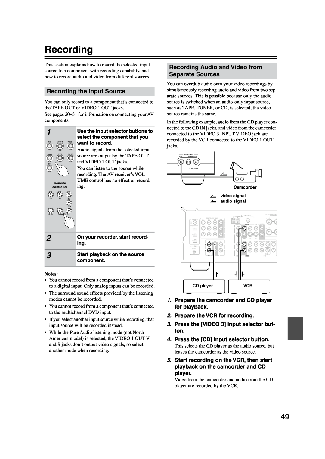 Onkyo TX-SR574 instruction manual Recording the Input Source, Recording Audio and Video from Separate Sources 
