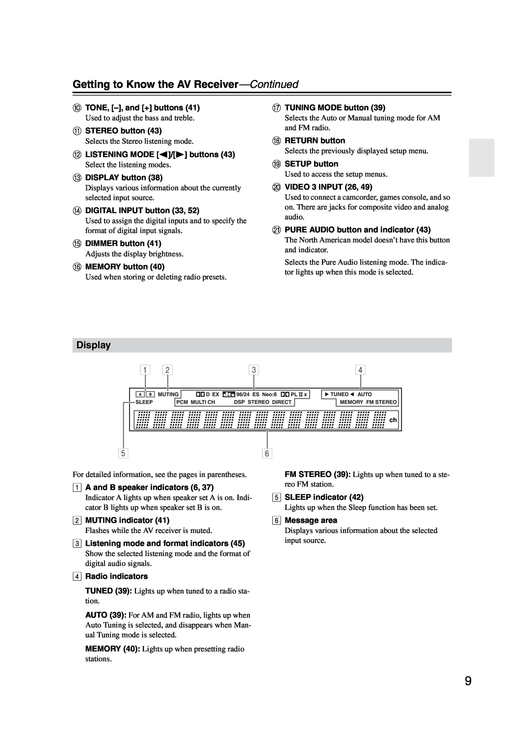Onkyo TX-SR574 instruction manual Getting to Know the AV Receiver-Continued, Display 
