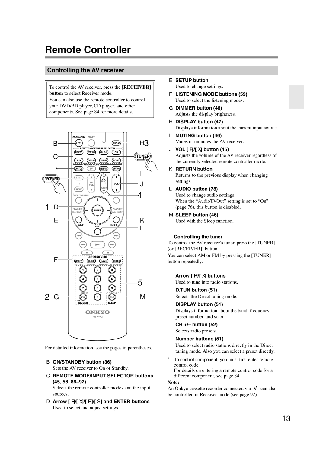 Onkyo SR507, TX-SR577 instruction manual Remote Controller, Controlling the AV receiver 