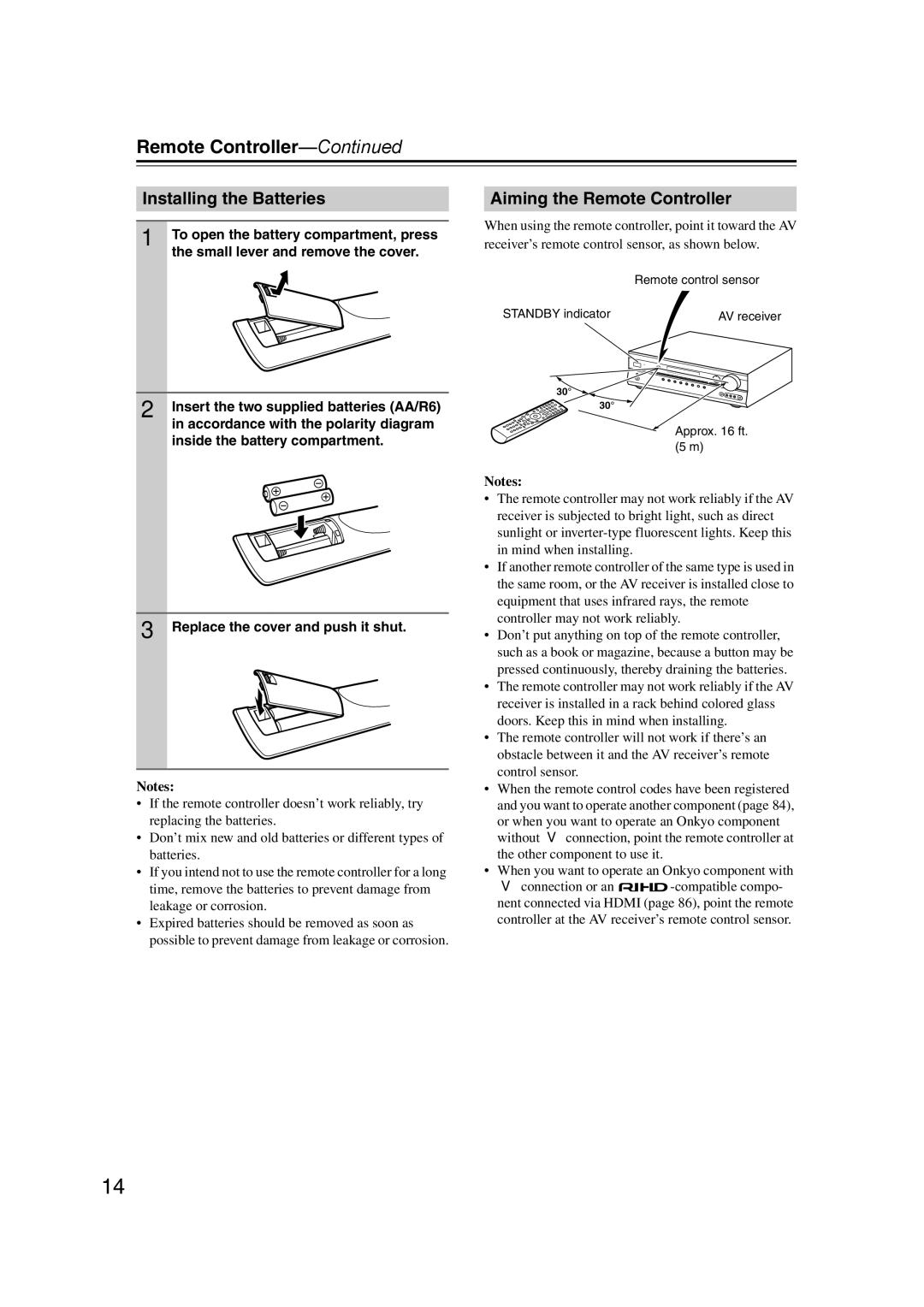 Onkyo TX-SR577, SR507 instruction manual Installing the Batteries, Aiming the Remote Controller 