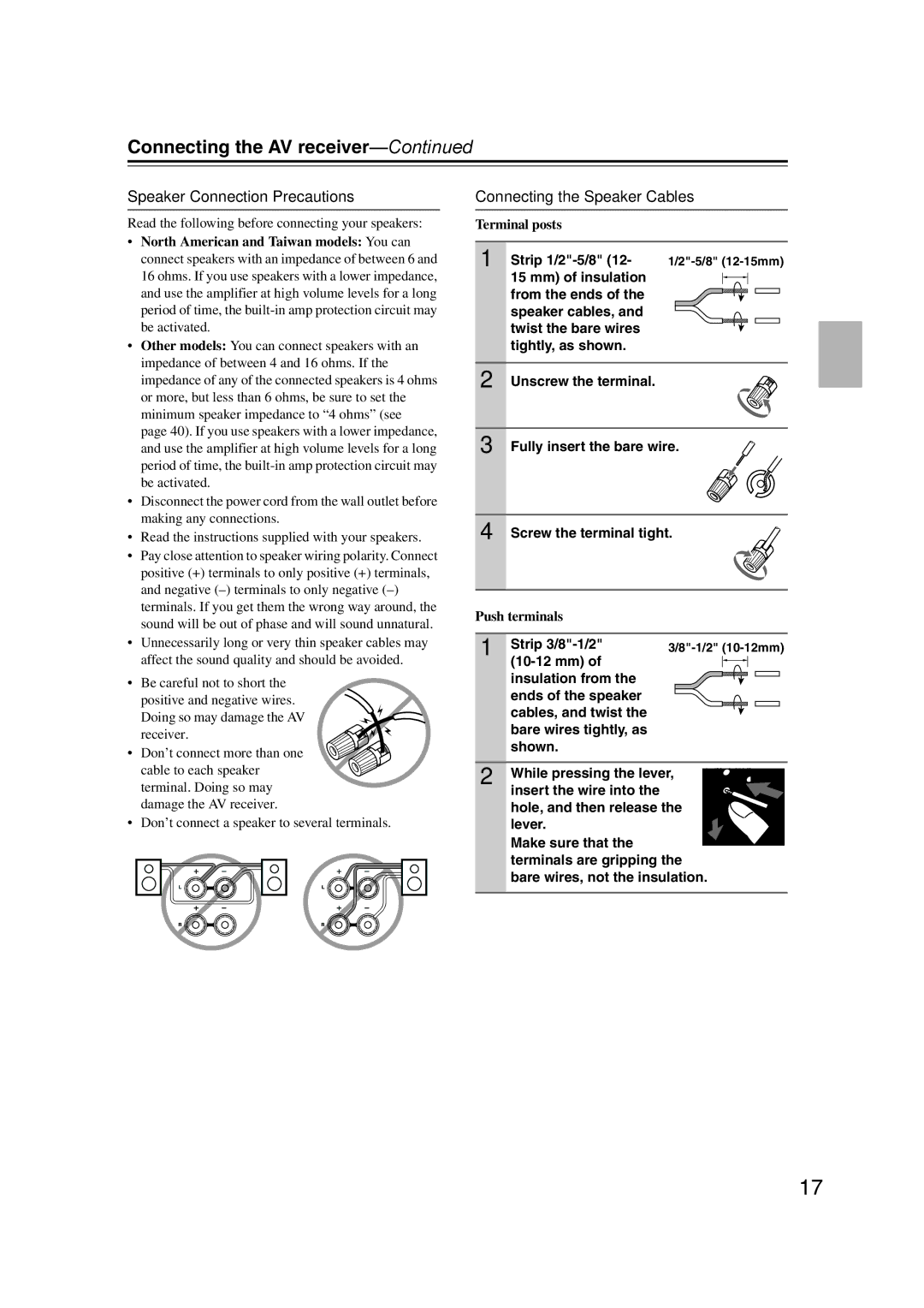 Onkyo SR507 Connecting the AV receiver, Speaker Connection Precautions, Connecting the Speaker Cables, Strip 1/2-5/8 