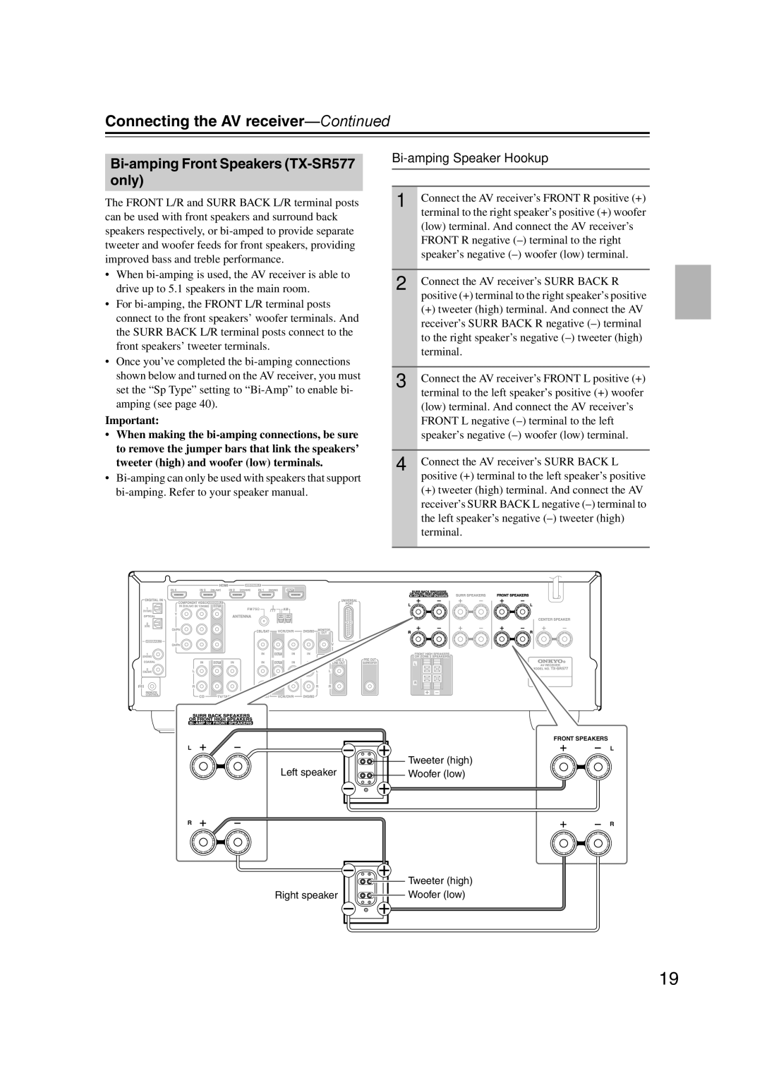 Onkyo SR507 instruction manual Bi-amping Front Speakers TX-SR577 only, Bi-amping Speaker Hookup 