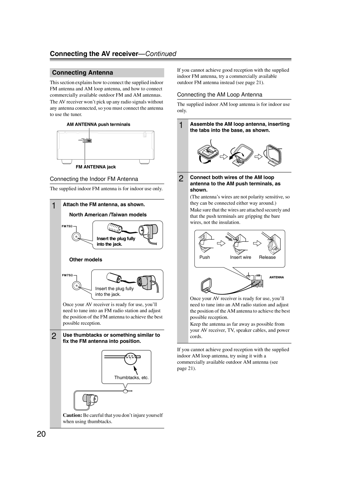 Onkyo TX-SR577, SR507 Connecting Antenna, Connecting the Indoor FM Antenna, Connecting the AM Loop Antenna, Other models 