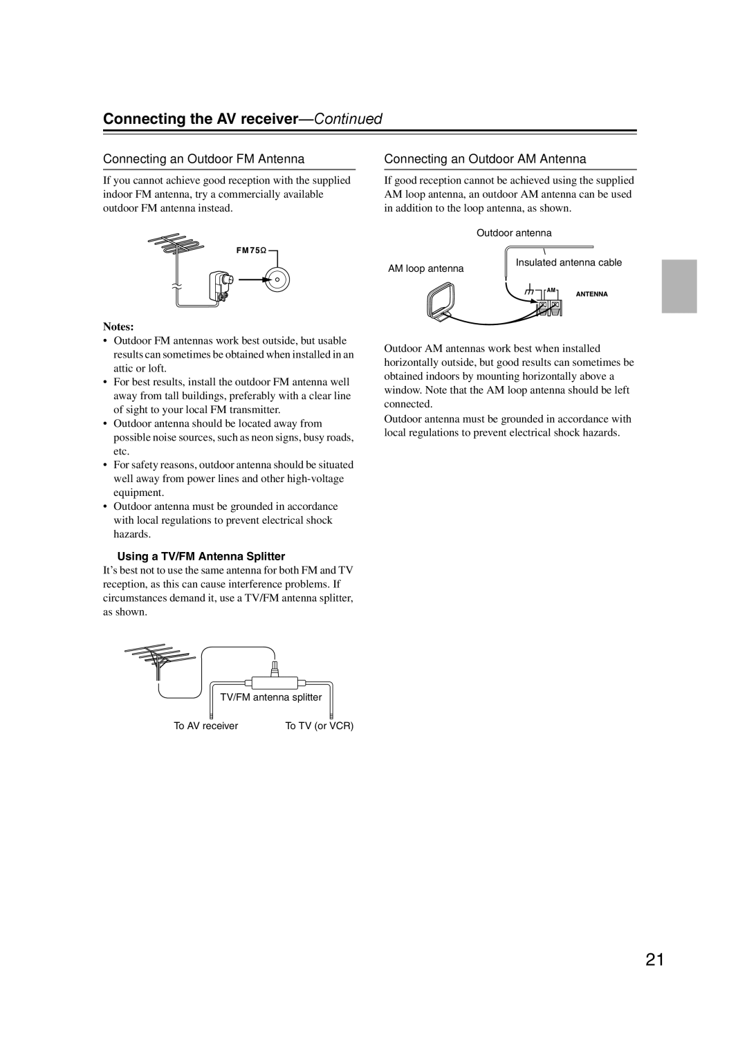 Onkyo SR507, TX-SR577 Connecting an Outdoor FM Antenna, Connecting an Outdoor AM Antenna, Using a TV/FM Antenna Splitter 