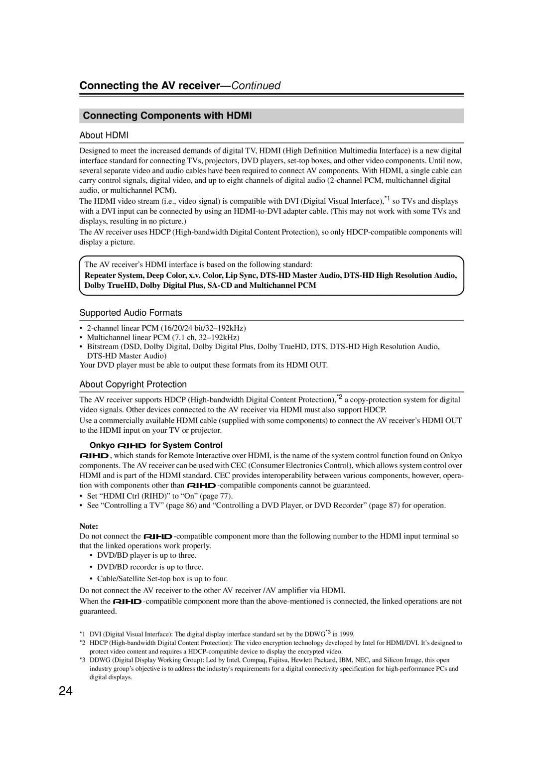Onkyo TX-SR577, SR507 Connecting Components with Hdmi, About Hdmi, Supported Audio Formats, About Copyright Protection 