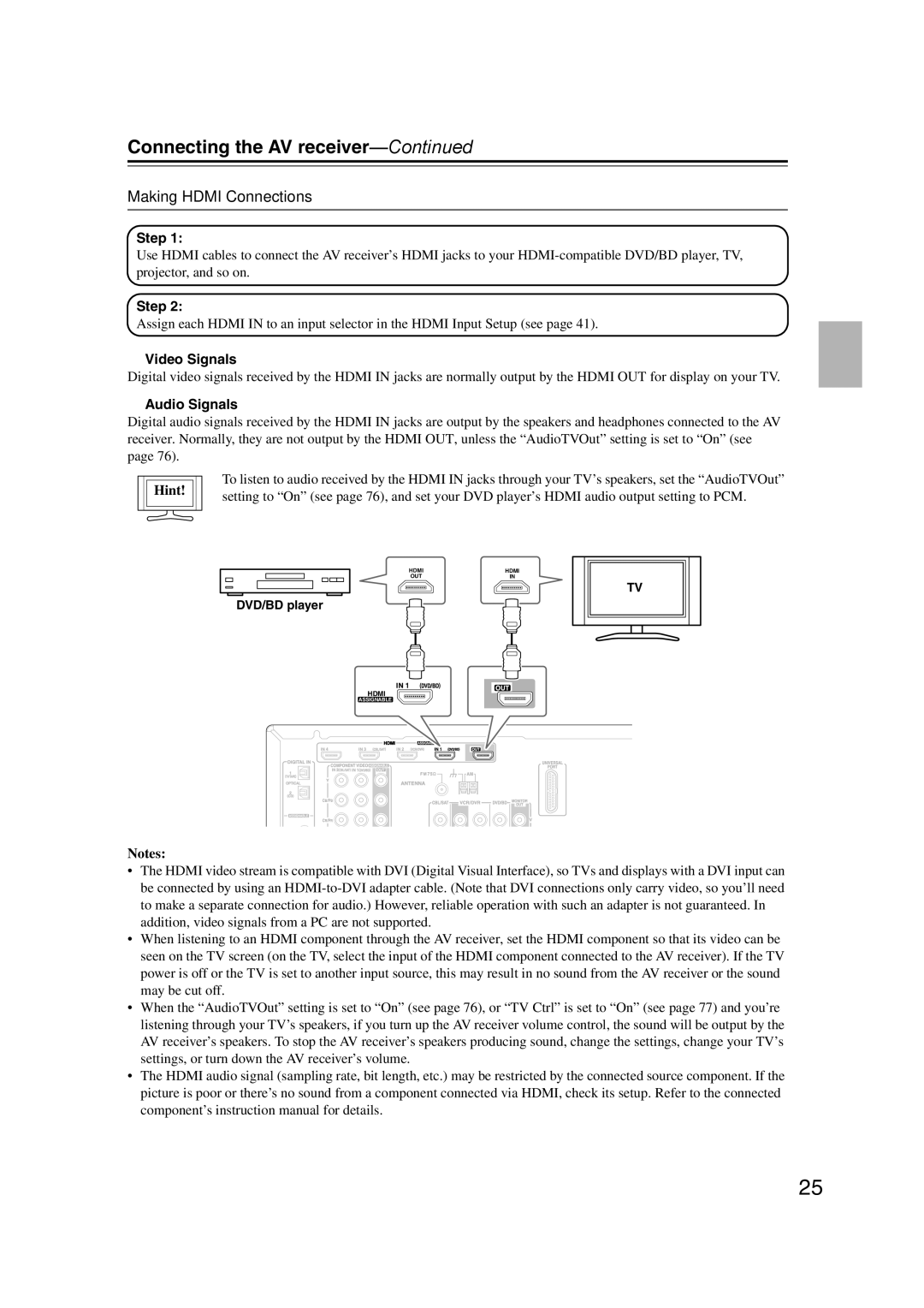 Onkyo SR507, TX-SR577 instruction manual Making Hdmi Connections, Step, Video Signals, Audio Signals, Hint 