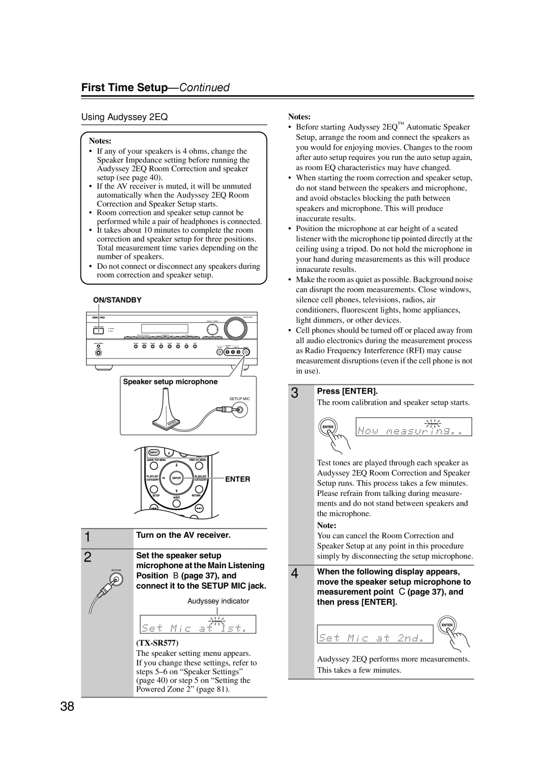 Onkyo TX-SR577, SR507 instruction manual First Time Setup, Using Audyssey 2EQ 