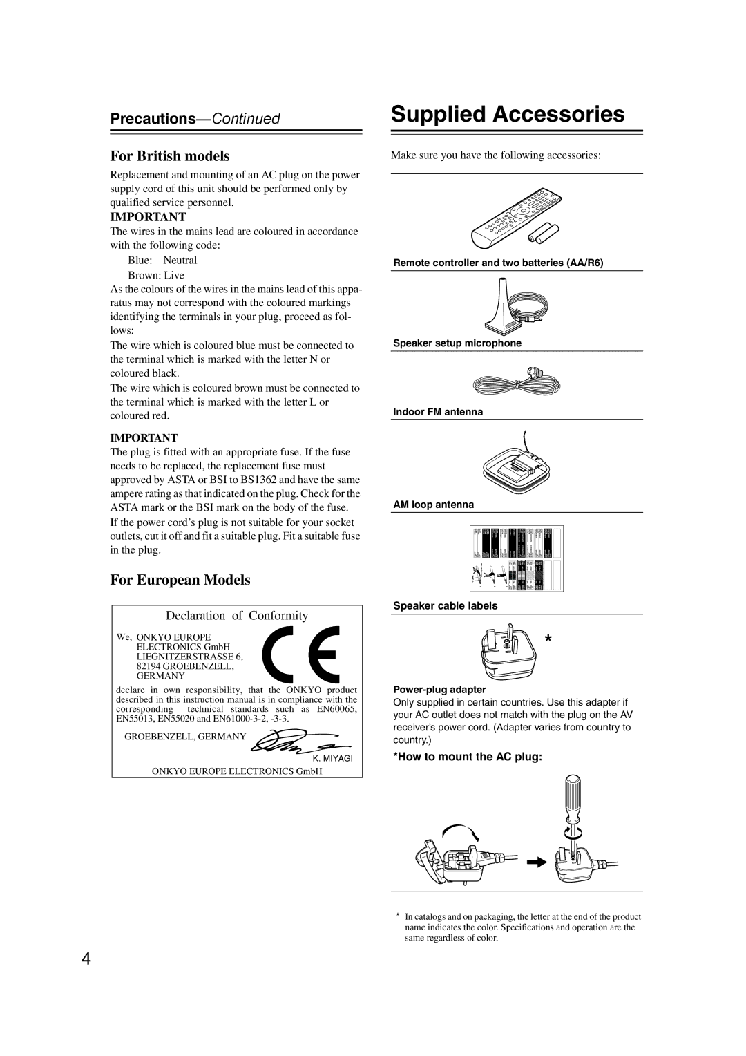 Onkyo TX-SR577, SR507 instruction manual Supplied Accessories, Precautions, How to mount the AC plug 