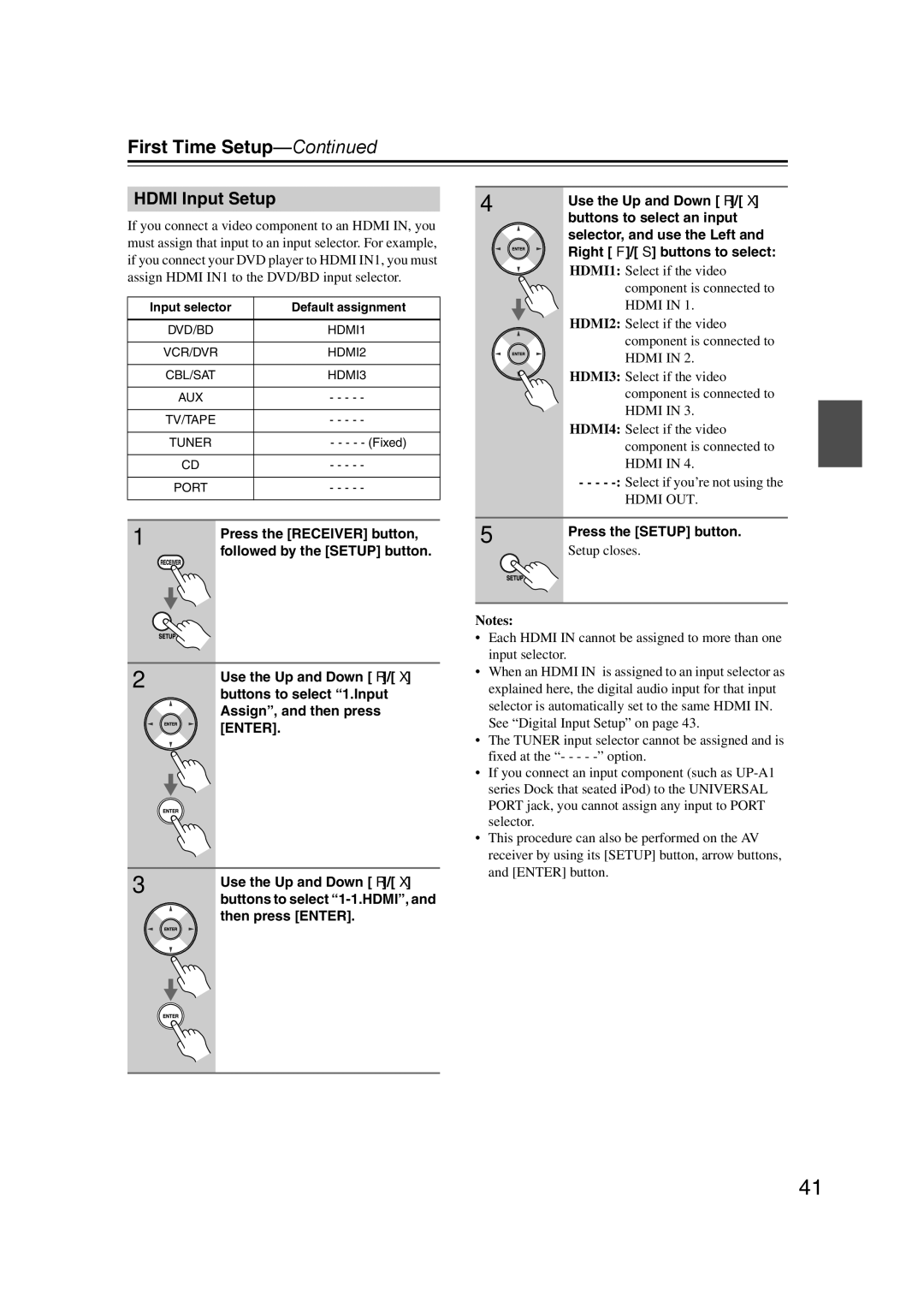 Onkyo SR507, TX-SR577 instruction manual Hdmi Input Setup, Press the Receiver button, Followed by the Setup button 