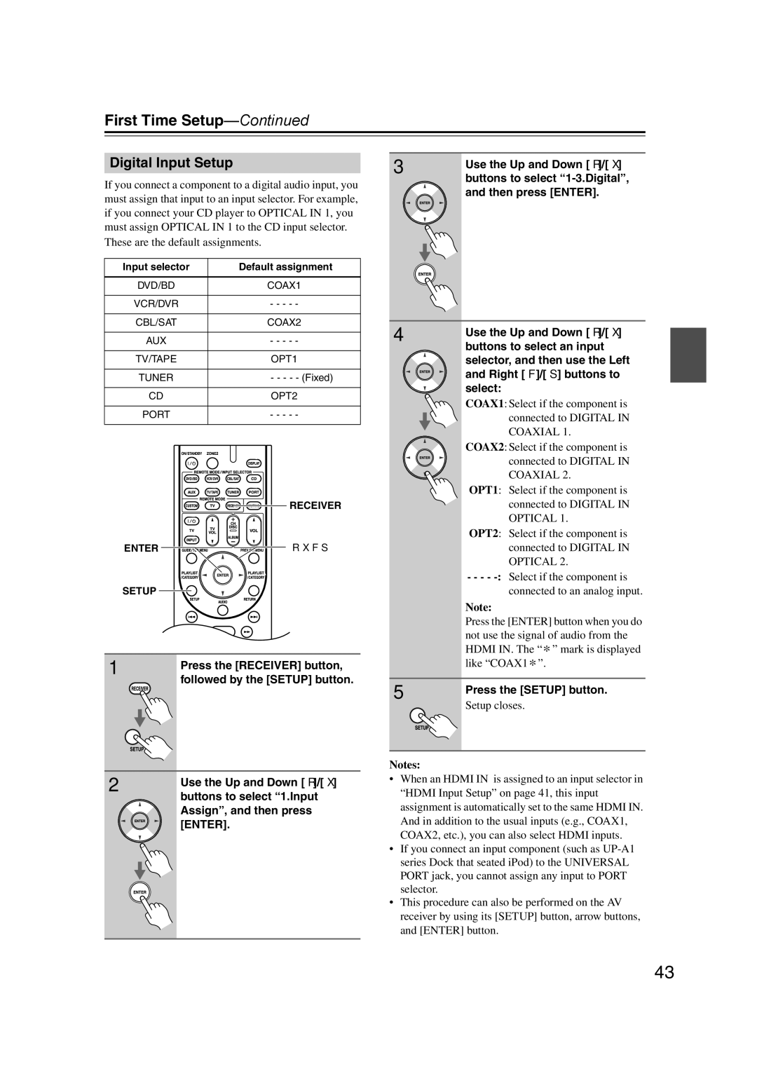 Onkyo SR507, TX-SR577 instruction manual Digital Input Setup, Buttons to select 1.Input, Setup closes 