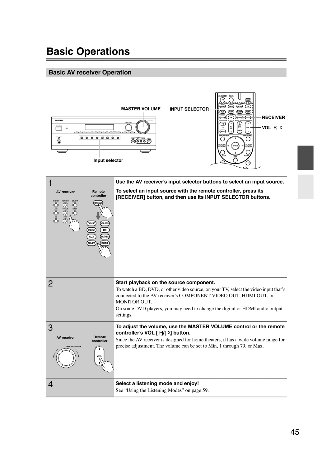 Onkyo SR507, TX-SR577 instruction manual Basic Operations, Basic AV receiver Operation, Select a listening mode and enjoy 