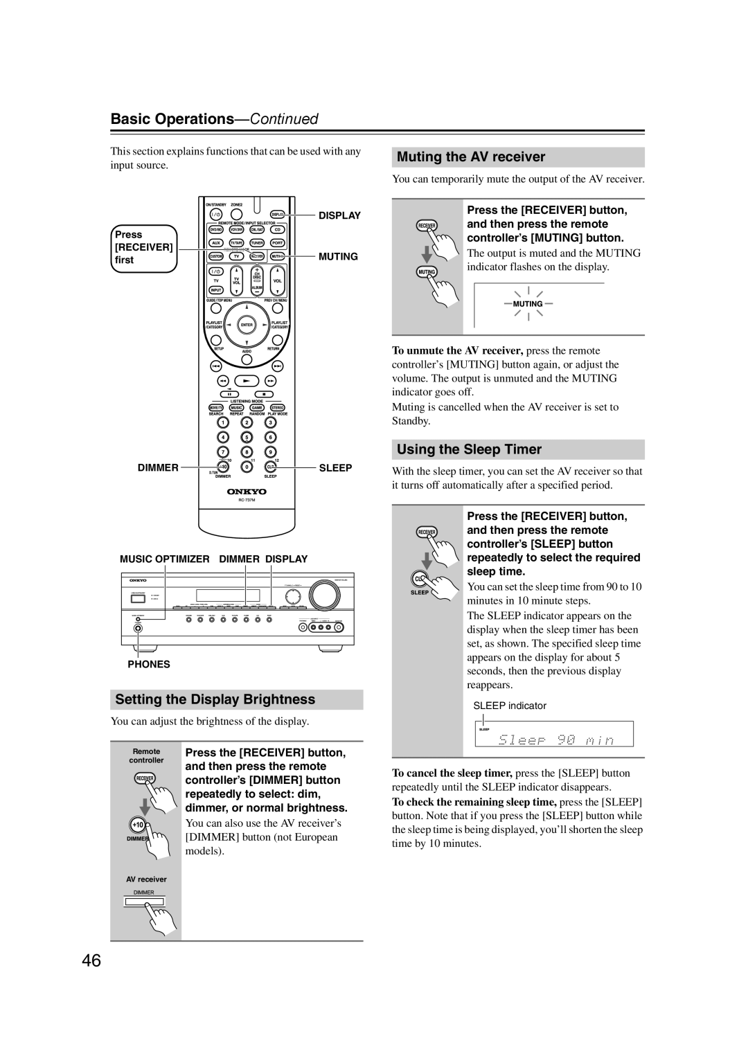 Onkyo TX-SR577, SR507 Basic Operations, Setting the Display Brightness, Muting the AV receiver, Using the Sleep Timer 