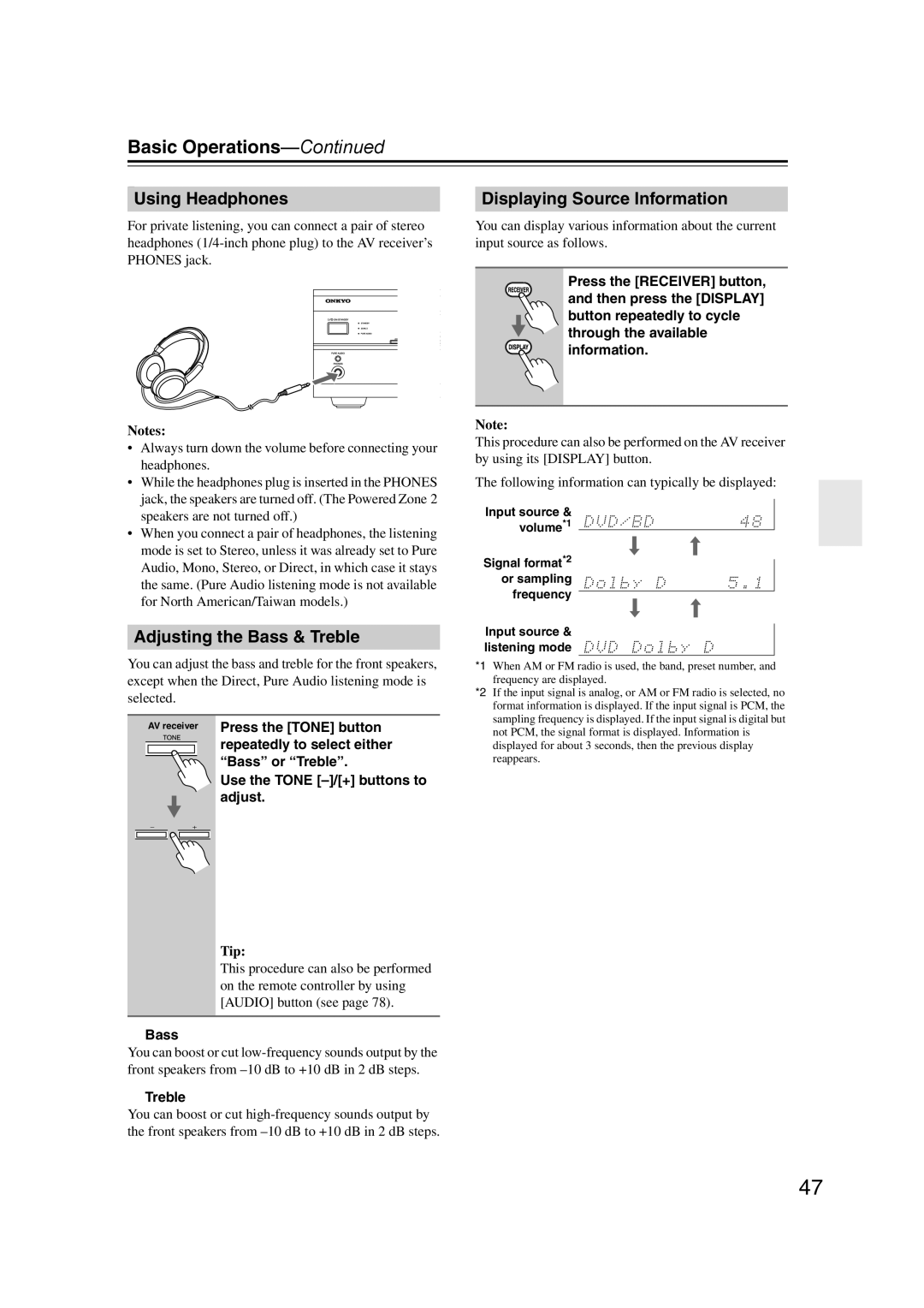 Onkyo SR507, TX-SR577 instruction manual 7Using Headphones, Displaying Source Information, Adjusting the Bass & Treble 