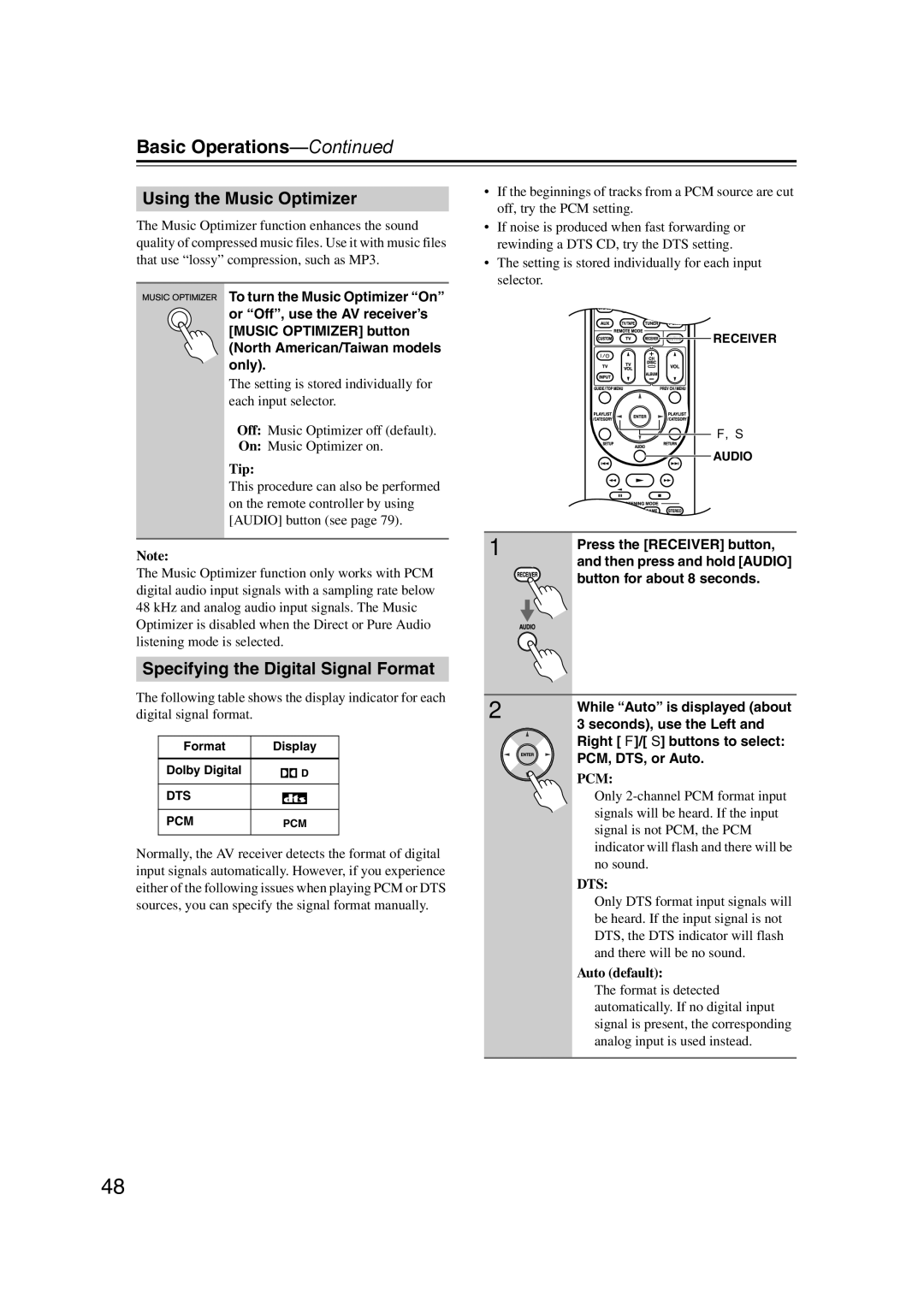 Onkyo TX-SR577, SR507 instruction manual Using the Music Optimizer, Specifying the Digital Signal Format 