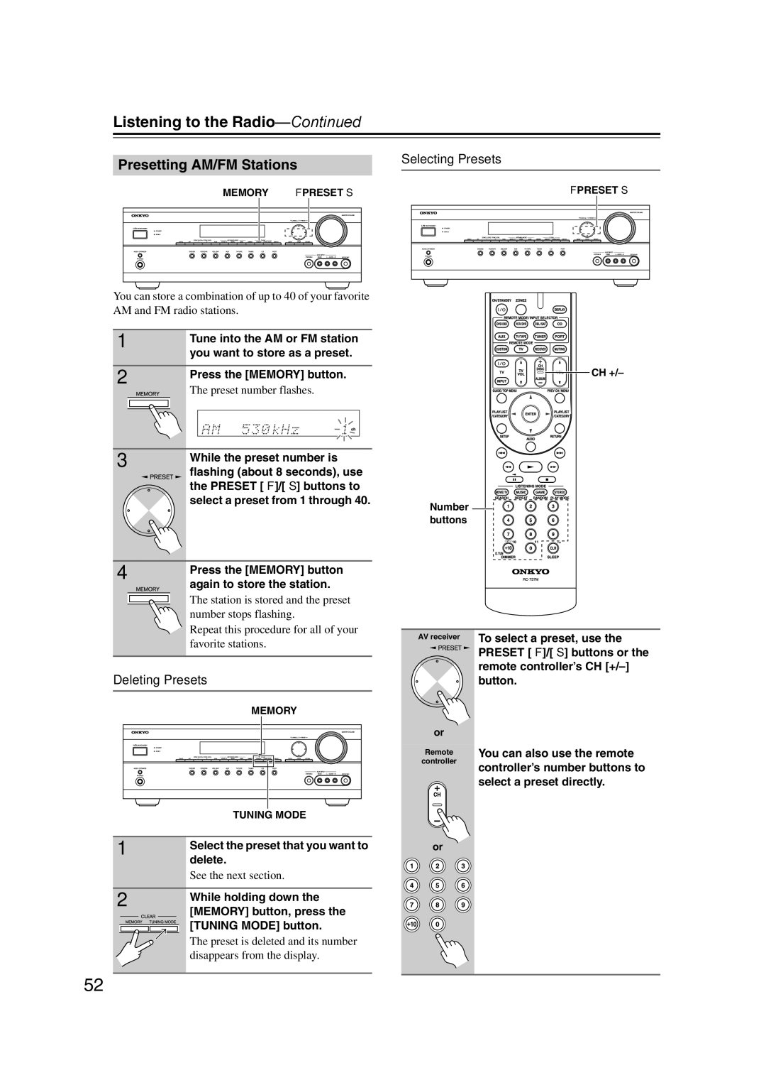 Onkyo TX-SR577, SR507 instruction manual Presetting AM/FM Stations, Deleting Presets, Selecting Presets 